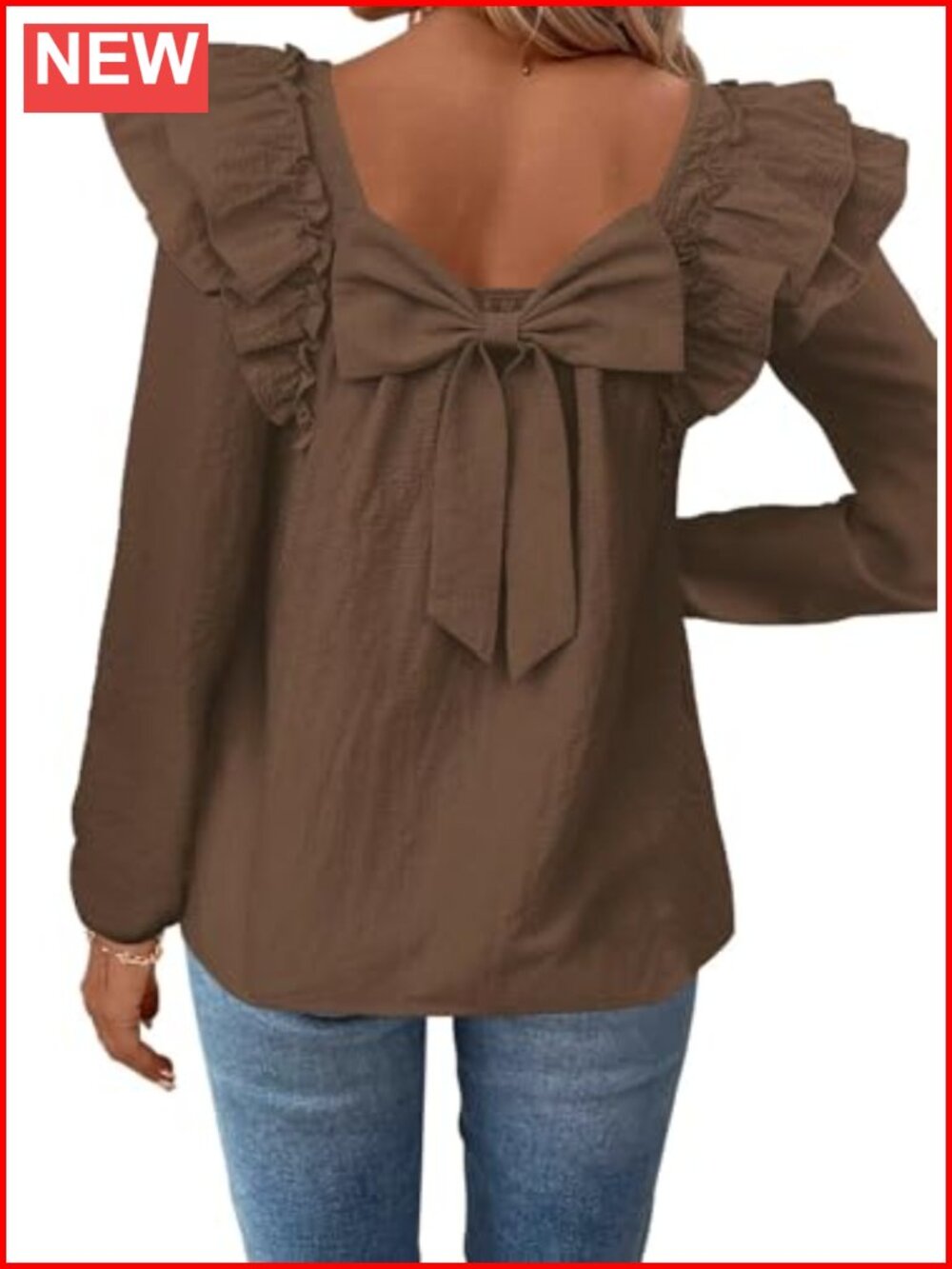 Womens Babydoll Top Bow Tie Back Long Sleeve Ruffled Square Neck Blouse
